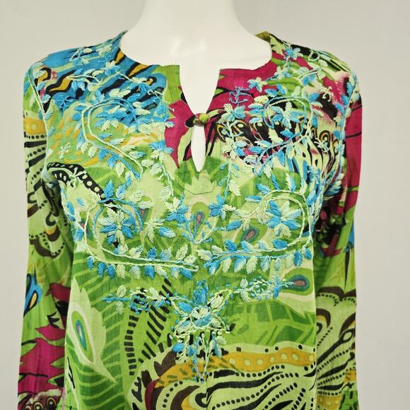 Raj Tunic Top Size L Womens Floral Embroidered Long Sleeve Cover-Up Bohemian - Picture 2 of 9